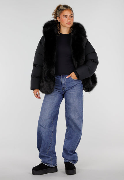 NEW230926 Zwarte Puffer Winterjas met Bontkraag