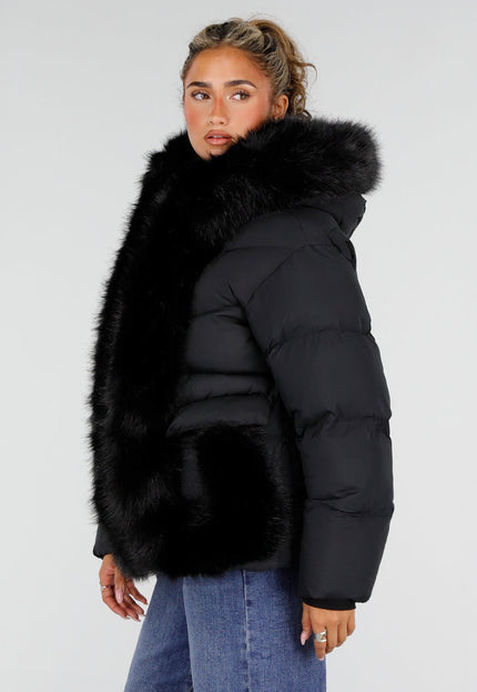 NEW230926 Zwarte Puffer Winterjas met Bontkraag