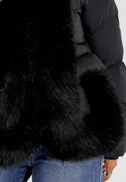 NEW230926 Zwarte Puffer Winterjas met Bontkraag
