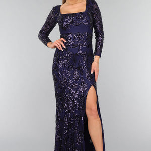 OP=OP.AV.12 Donkerblauwe Jurk met Pailletten Ornamenten