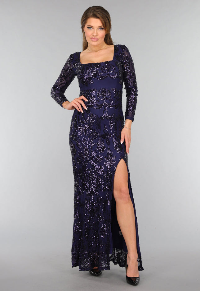 OP=OP.AV.12 Donkerblauwe Jurk met Pailletten Ornamenten