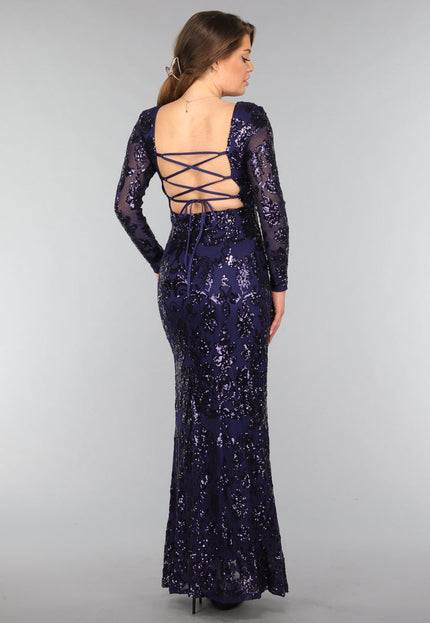 OP=OP.AV.12 Donkerblauwe Jurk met Pailletten Ornamenten