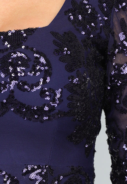 OP=OP.AV.12 Donkerblauwe Jurk met Pailletten Ornamenten