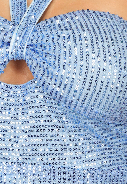 NEW2310 Lichtblauwe Pailletten Jurk met Split