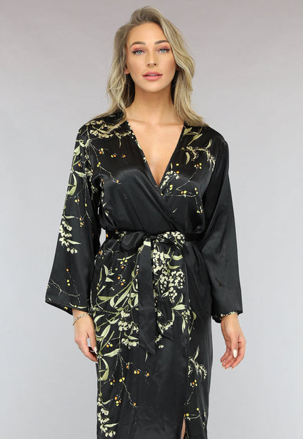 NEW2401 Satijnen Halflange Kimono met Bloemen Print