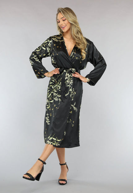 NEW2401 Satijnen Halflange Kimono met Bloemen Print
