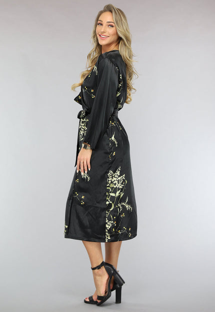NEW2401 Satijnen Halflange Kimono met Bloemen Print