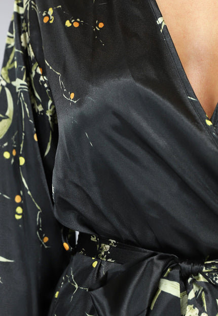 NEW2401 Satijnen Halflange Kimono met Bloemen Print