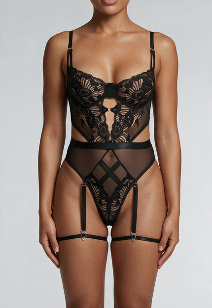 NEW2401 Zwarte Kanten Bodysuit met Hartjes