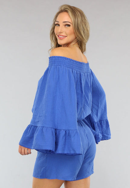 NEW2404 Kobalt Blauwe Mousseline Playsuit met Flair Mouwen