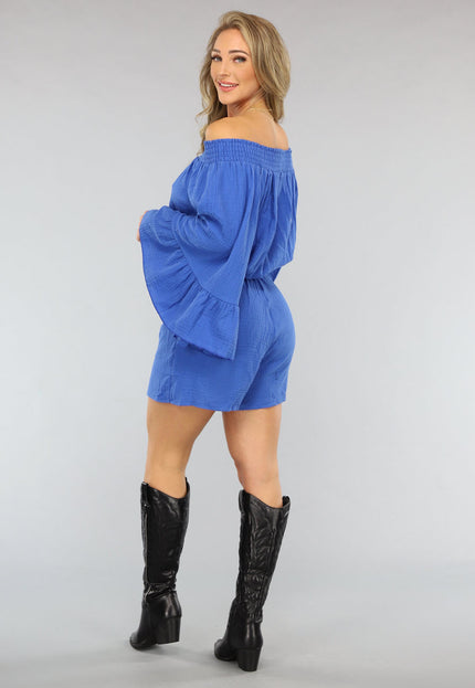NEW2404 Kobalt Blauwe Mousseline Playsuit met Flair Mouwen