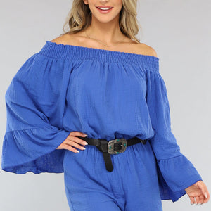 NEW2404 Kobalt Blauwe Mousseline Playsuit met Flair Mouwen