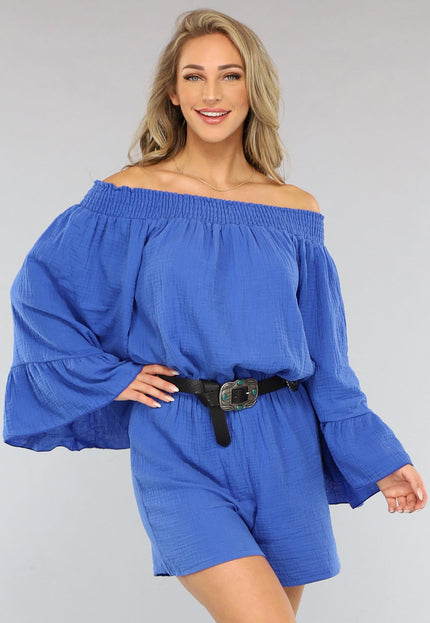 NEW2404 Kobalt Blauwe Mousseline Playsuit met Flair Mouwen