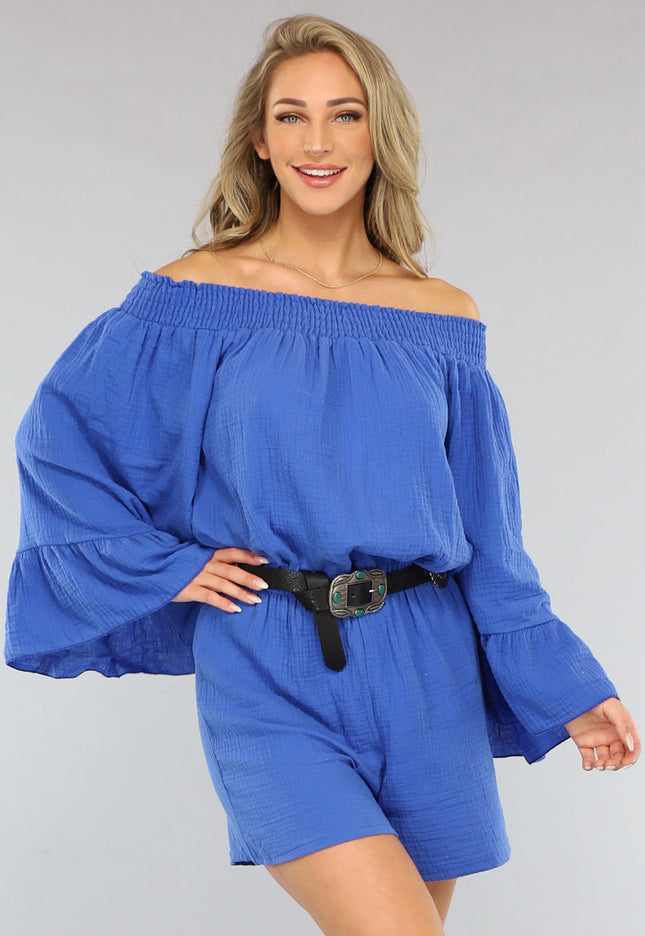NEW2404 Kobalt Blauwe Mousseline Playsuit met Flair Mouwen