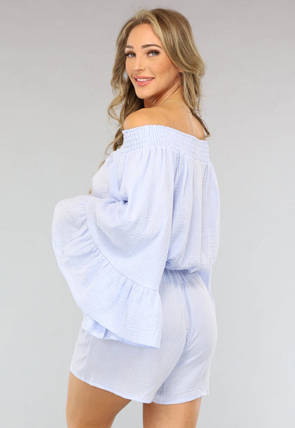 NEW2404 Lichtblauwe Stretch Playsuit van Mousseline Stof