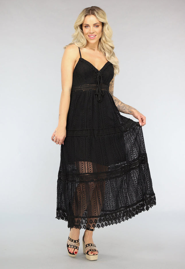 NEW2404 Zwarte Gehaakte Jurk in Boho Stijl