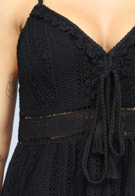 NEW2404 Zwarte Gehaakte Jurk in Boho Stijl