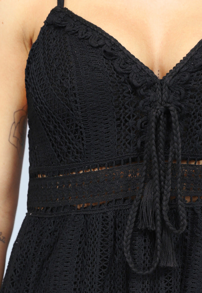 NEW2404 Zwarte Gehaakte Jurk in Boho Stijl