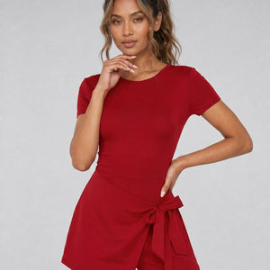 NEW240626 Bordeaux Rood Mini Jurkje met Stretch en Short