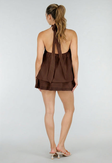 NEW240626 Bruin Halter Jurkje met Open Rug