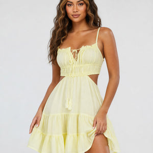 NEW240626 Gele Mousseline Jurk met Open Rug