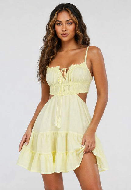 NEW240626 Gele Mousseline Jurk met Open Rug
