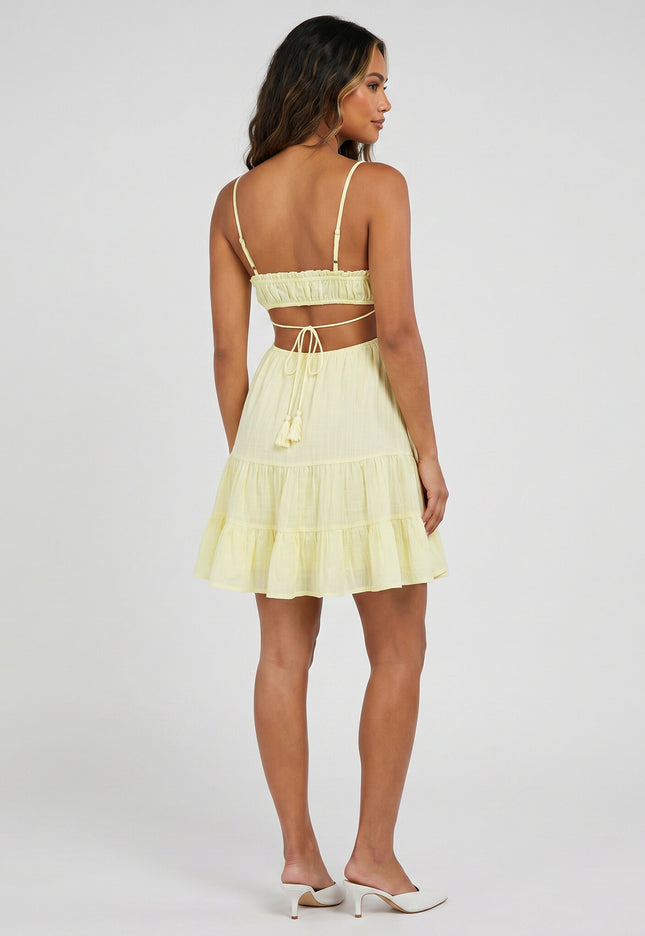 NEW240626 Gele Mousseline Jurk met Open Rug