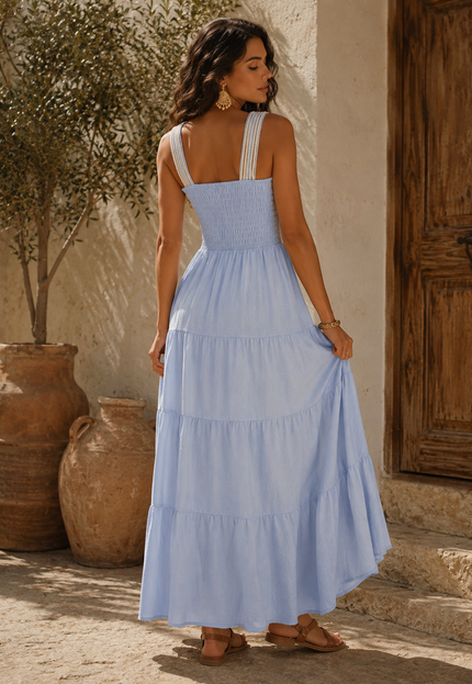 NEW240626 Lichtblauwe Lange Jurk met Halter Bandjes