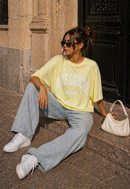 NEW240626 Lichtgeel Oversized T-Shirt met Tekstprint