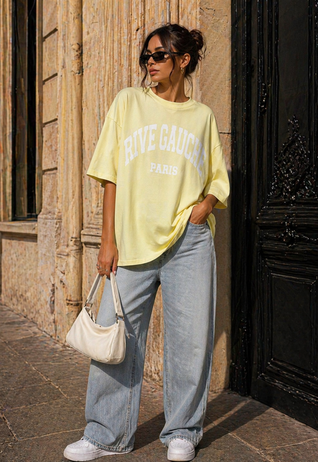 NEW240626 Lichtgeel Oversized T-Shirt met Tekstprint