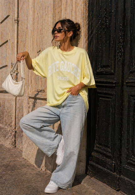 NEW240626 Lichtgeel Oversized T-Shirt met Tekstprint