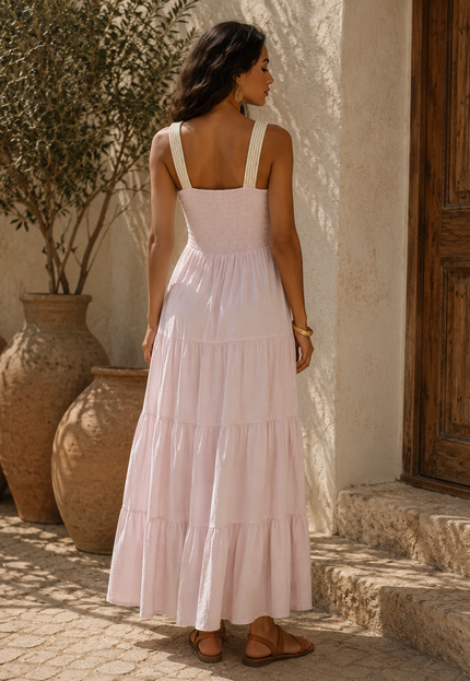 NEW240626 Lichtroze Maxi Jurk met Linnenlook
