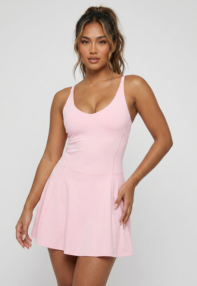 NEW240626 Roze Mini Stretch Jurk met Pads en Short
