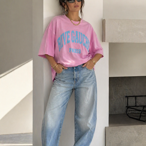 NEW240626 Roze Oversized T-Shirt met Tekstprint