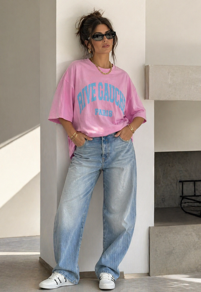 NEW240626 Roze Oversized T-Shirt met Tekstprint