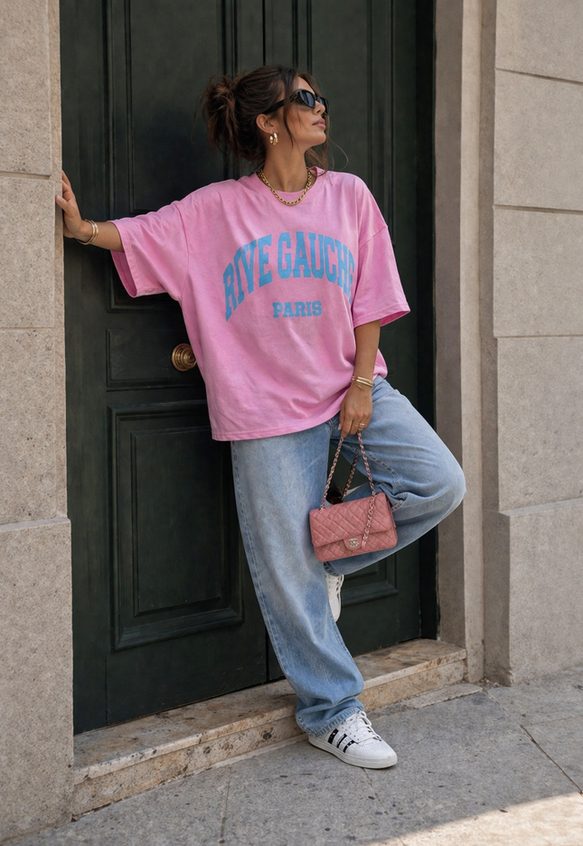 NEW240626 Roze Oversized T-Shirt met Tekstprint