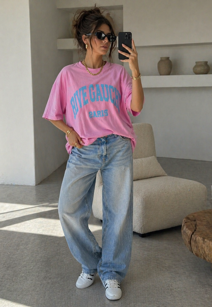 NEW240626 Roze Oversized T-Shirt met Tekstprint