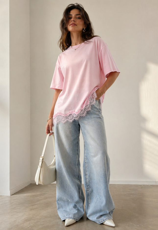 NEW240626 Roze T-Shirt met Kantzoom
