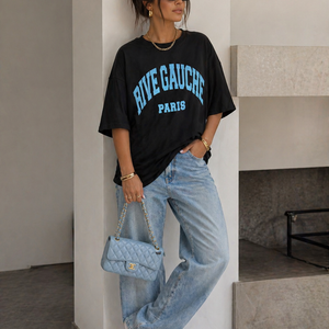 NEW240626 Zwart Oversized T-Shirt met Blauwe Tekst