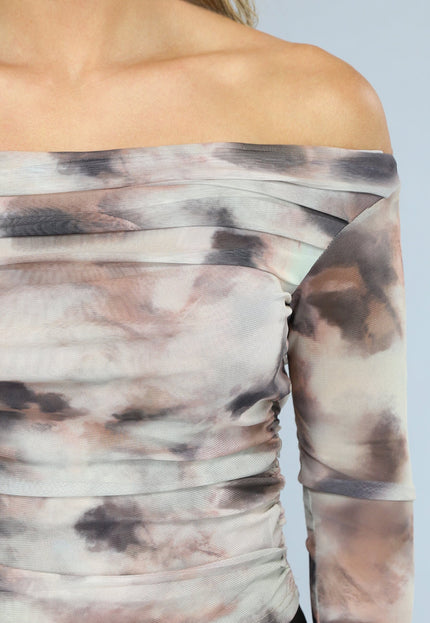 NEW2407 Geplooide Beige Off Shoulder Mesh Top