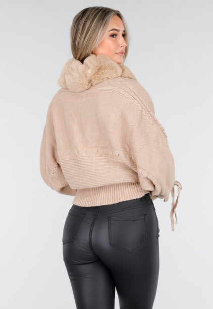 NEW240925 Camel Cardigan met Fur Kraag
