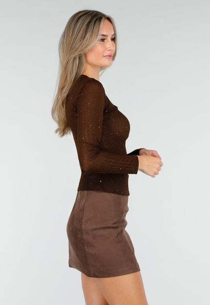 OP=OP.03.NL Bruine Glitter Top met Lange Mouw