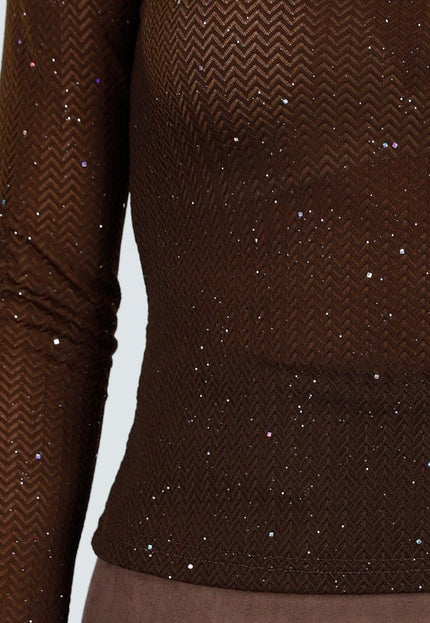 OP=OP.03.NL Bruine Glitter Top met Lange Mouw