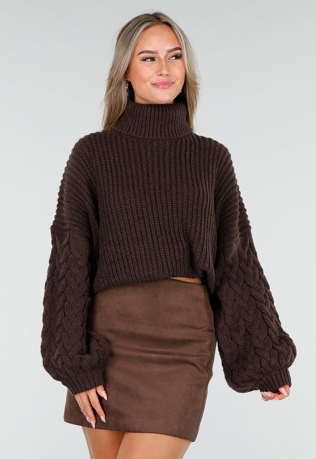 NEW240925 Bruine Kabeltrui met Col