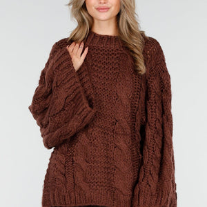 NEW240925 Bruine Trui met Kabelpatroon