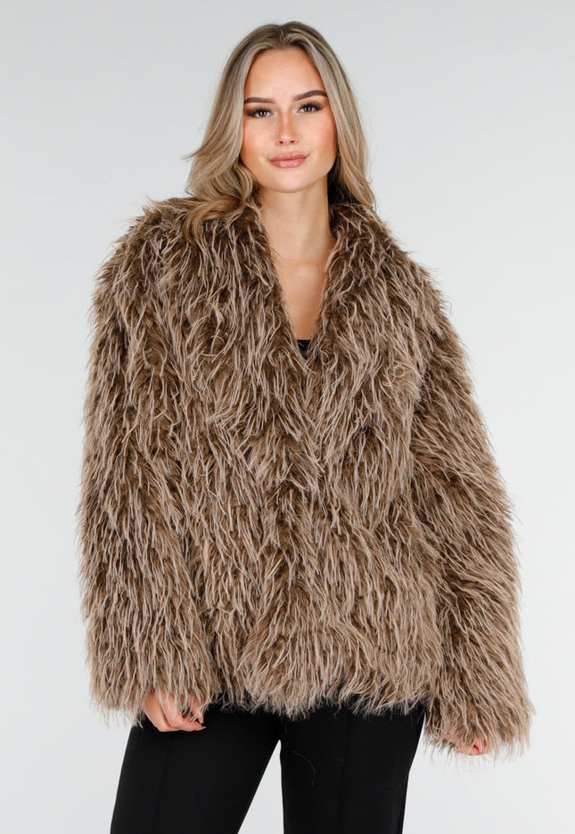 WINTER Bruine Fluffy Jas met Lange Haren