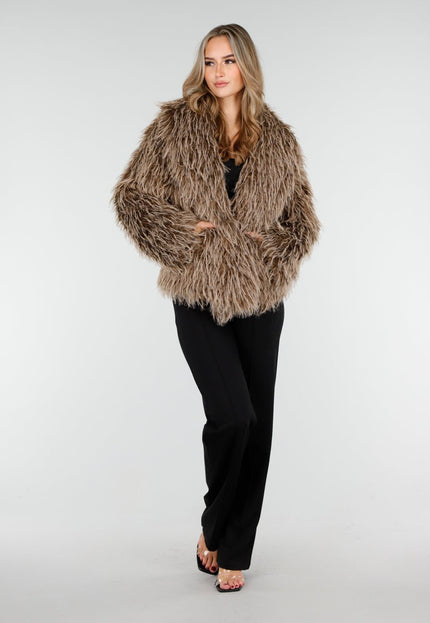 WINTER Bruine Fluffy Jas met Lange Haren