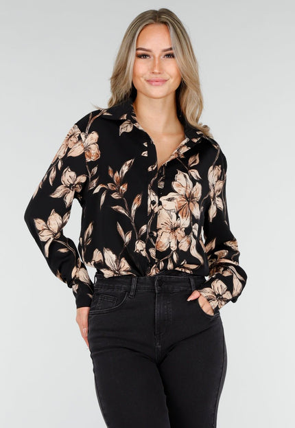 OP=OP.AV.10 Zwarte Blouse met Bloemenprint