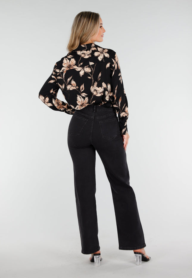 OP=OP.AV.10 Zwarte Blouse met Bloemenprint