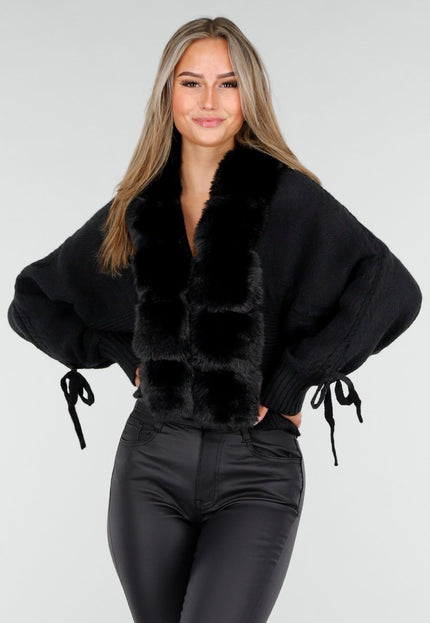 NEW240925 Zwarte Cardigan met Fur Kraag